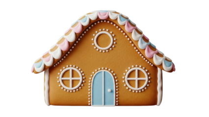 Isolated gingerbread house decorated with icing, sweet festive tradition, Christmas treat