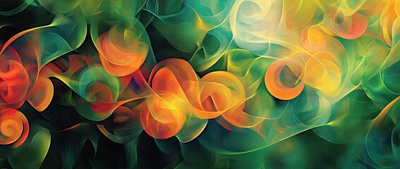 Abstract digital art of overlapping shapes and colors on a green background