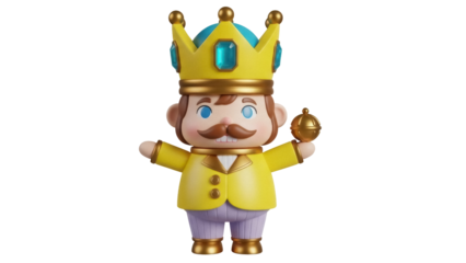 Isolated King character figure with crown, small man with gold scepter, royal toy figurine
