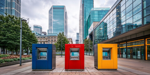 Fototapeta premium Colorful modern atm machines aligned in urban business district plaza surrounded by glass office buildings and financial architecture