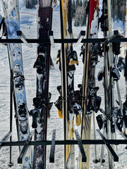 Close-up of colorful skis standing in rack at snowy ski resort.