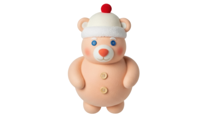 Isolated adorable teddy bear in hat with red pompom, winter holiday themed, toy for kids