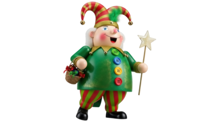 Isolated Christmas holiday ornament, Elf with basket, smiling, toy, decoration and star wand