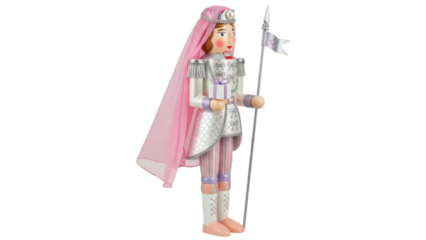 Isolated decorative nutcracker figurine in princess costume holding flag on light studio