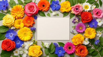 A vibrant flat lay of colorful spring flowers and green leaves frames a blank cream note card, symbolizing nature's beauty, heartfelt messages, and new beginnings.