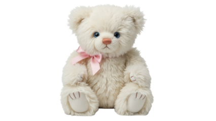 Isolated furry white teddy bear sitting, with pink ribbon, cute, fluffy, toy, cuddly