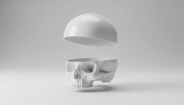 Clean white ceramic human skull with the top part removed. Concept of brain surgery, craniotomy, open mind, or medical anatomy study.