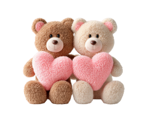 Romantic duo of plush teddy bear couple hugging and holding pink hearts. sweet and adorable symbol of love, affection, and togetherness for Valentine Day