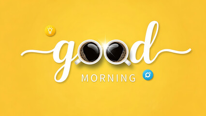 Good morning typography with coffee cups on yellow background