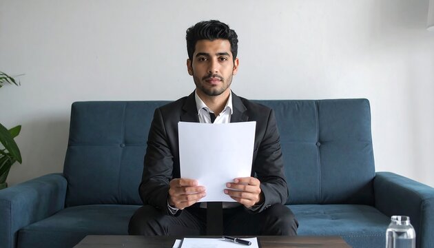 A man in a suit sits on a blue couch, holding a blank sheet of paper, looking directly at the camera. A table and water bottle are visible