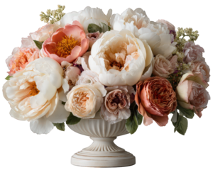 Elegant floral arrangement with romantic rose and peony flower. This beautiful wedding centerpiece decor in classic vase expresses gentle and celebratory feeling
