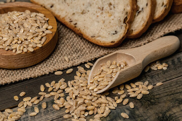 A loaf of whole-grain rye bread. The concept of a bakery offering sliced bread.