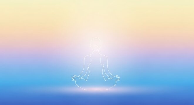 Abstract yoga pose outline on soft gradient background in blue yellow and white colors calm and serene
