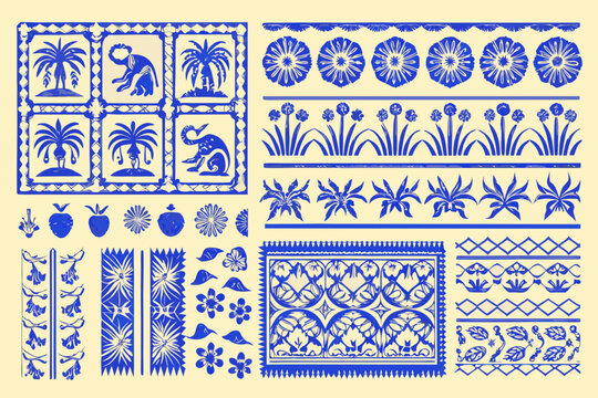 Vintage blue and white toiles featuring floral animal and geometric designs
