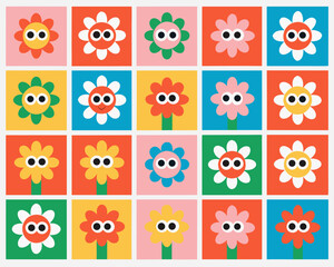 A colorful grid of stylized retro inspired daisy flowers on various backgrounds