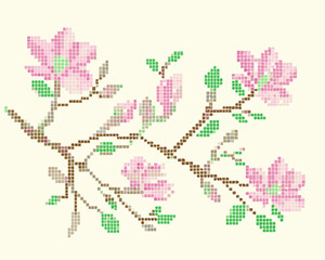 A delicate pixel art branch with pink blossoms and green leaves