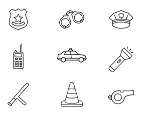 Police and law enforcement line icons set featuring badge handcuff cap radio car flashlight baton cone whistle symbols displayed as simple outline illustration representing authority , security 