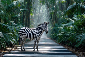Obraz premium Zebra stands on a path surrounded by lush vegetation in a tropical forest