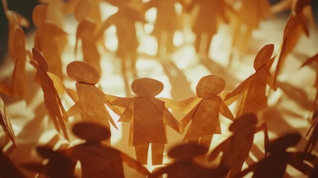 A collection of hand-cut paper people with arms linked in solidarity and unity.