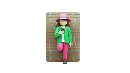3D Cartoon Character Leaning on Brick Wall Using Phone