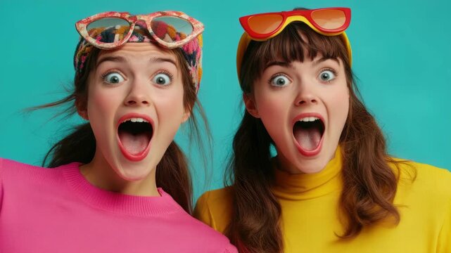 Two young women in retro outfits with exaggerated eyeglasses, expressing surprise or excitement.