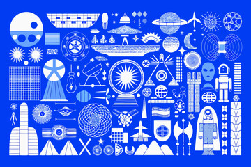 A whimsical collection of space elements and futuristic designs in blue © MihirKumarMondal