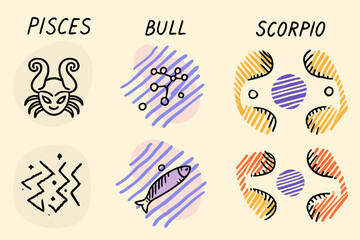 Zodiac signs pisces bull scorpio and other astrological symbols illustrated with colorful designs