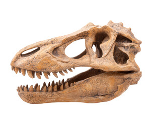 Naklejka premium Intimidating prehistoric dinosaur skull fossil isolated on transparency background. An ancient bone from jurassic predator, tyrannosaurus for archeology study or museum theme