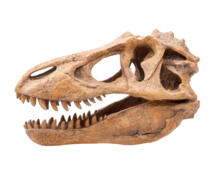 Intimidating prehistoric dinosaur skull fossil isolated on transparency background. An ancient bone from jurassic predator, tyrannosaurus for archeology study or museum theme