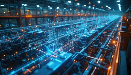 Inside advanced industrial factory with futuristic tech. Blue glowing lights, lines show data flows. Complex network, information, process automation visualized. Facility equipped modern machinery.
