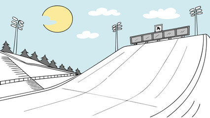 Snowy ski slope with illuminated floodlights under sunny sky