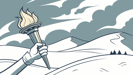 Dramatic hand holding torch in snowy mountain landscape with cloudy sky