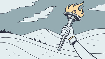 Hand holding torch in snowy mountain landscape with cloudy sky