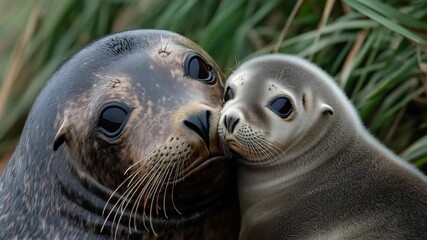 Seals in the wild. Young seal suckling mother.