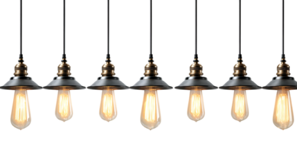 Row of vintage Edison bulb pendant lights industrial style lighting fixtures isolated on white background.