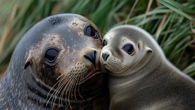 Seals in the wild. Young seal suckling mother.