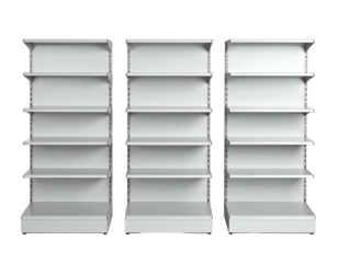 Three empty white retail shelving units against a black background