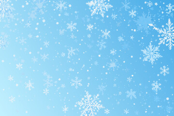 A serene blue background with scattered delicate white snowflakes falling gently