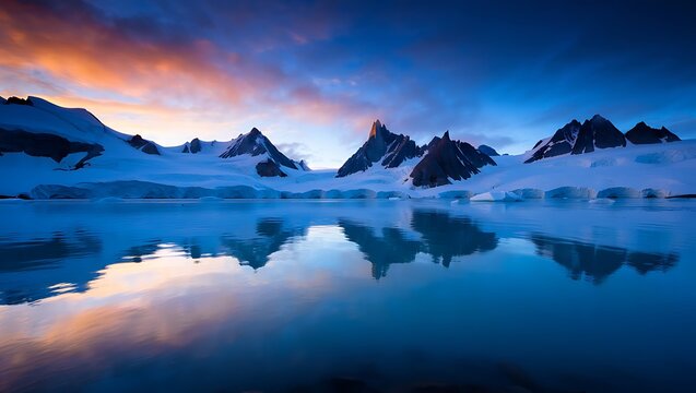 Snowy mountains reflected in calm lake at dusk