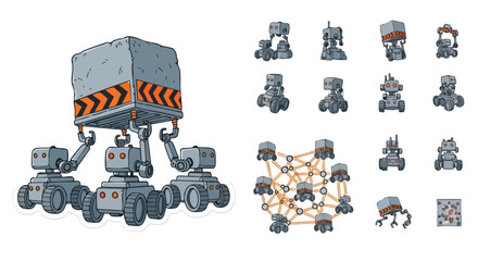 Robotic units collaborate to move a large container, showcasing automation and interconnected systems in a digital illustration.