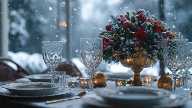 A table set for a Christmas holiday dinner. The scene captures the elegance of holiday dining with snowflakes falling outside the window, candlelight illuminating the festive centerpiece