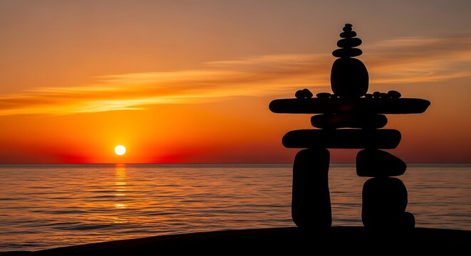 Silhouette of an inukshuk against a vibrant sunset over a calm ocean landscape with warm colors