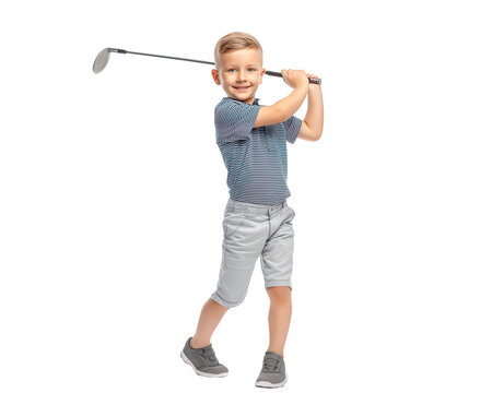 Happy boy playing golf in full swing pose. smiling child and junior golfer enjoying sport activity. Young male player isolated on transparency background for fun