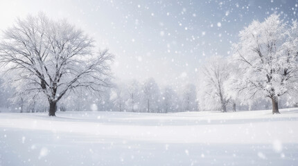 Fototapeta premium Serene abstract winter landscape depicting a tranquil field blanketed in deep snow, with frosted trees and soft falling snowflakes, evoking peaceful solitude.
