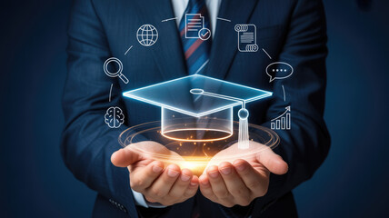 Businessperson holding glowing digital graduation cap surrounded by education and learning icons