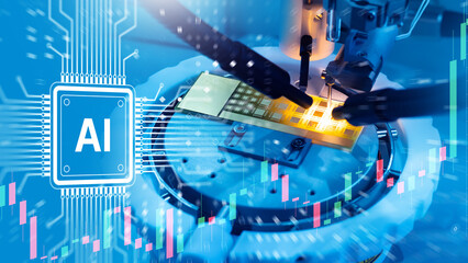 Fototapeta premium Semiconductor engineering develops AI microchips under a microscope. Microelectronics manufacturing, artificial intelligence hardware design, advanced chip fabrication.