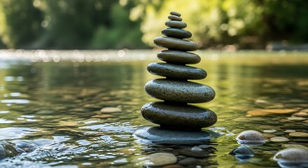 Illustration of a serene stack of smooth stones in a peaceful body of water surrounded by lush greenery and sunlight reflections on rippling waves