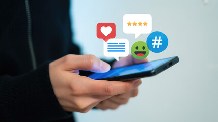 Smartphone displaying social media icons including stars, emoji, heart, hashtag, and chat bubble