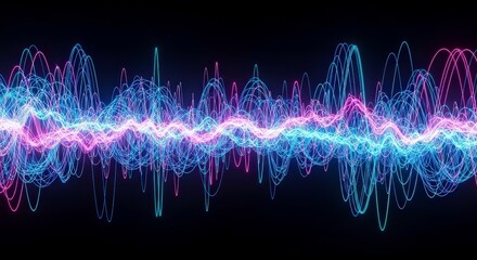 Vibrant neon sound wave pattern in blue and pink hues