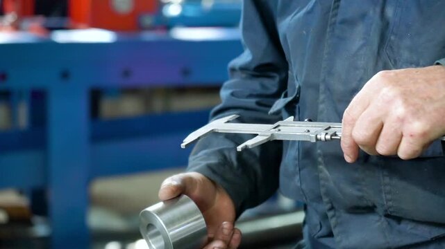 Close Up Of Worker Makes A Control Measurement of the part with a vernier caliper
